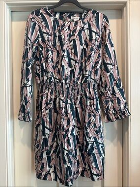 GENERRA Pink and Navy Abstract Shirred-Waist Long Sleeve Dress
